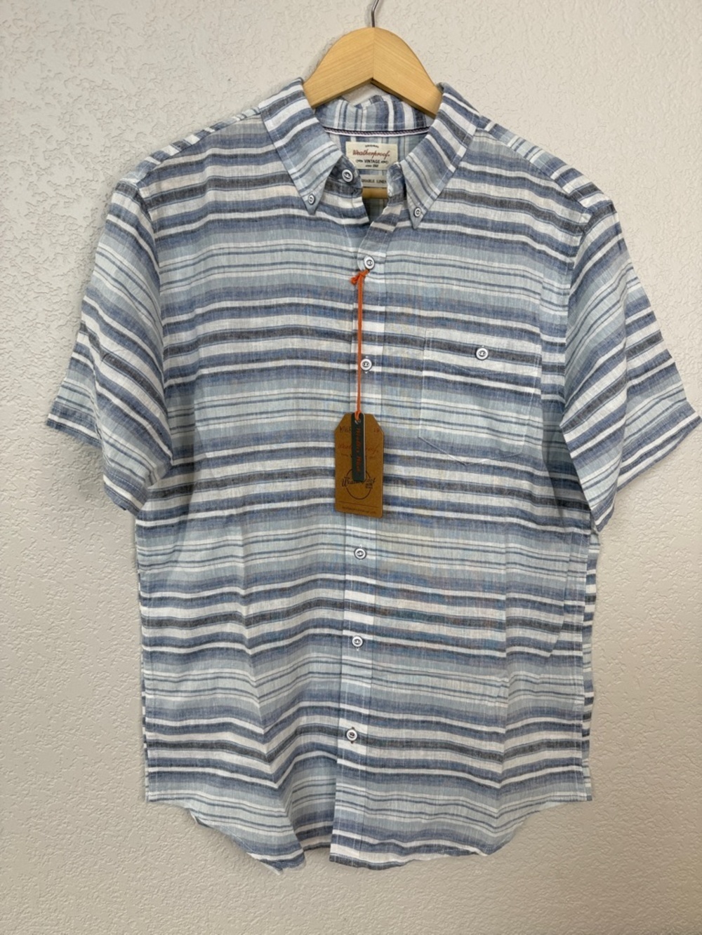 Weatherproof Casual Button Down Shirt Linen Cotton Striped Blue Mens Medium NWT